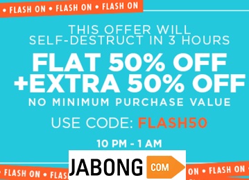 India Desire : Jabong FLASH50 Sale : Flat 50% Off + Extra 50% Off On Clothing & Accessoriese (10PM To 1AM Today)